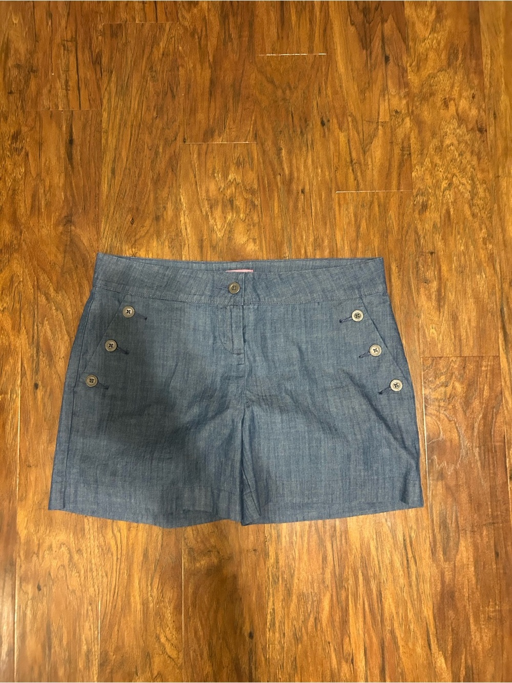 Chambray Blue Button-Accent Bermuda Shorts Cotton With Pockets Resortwear Beach